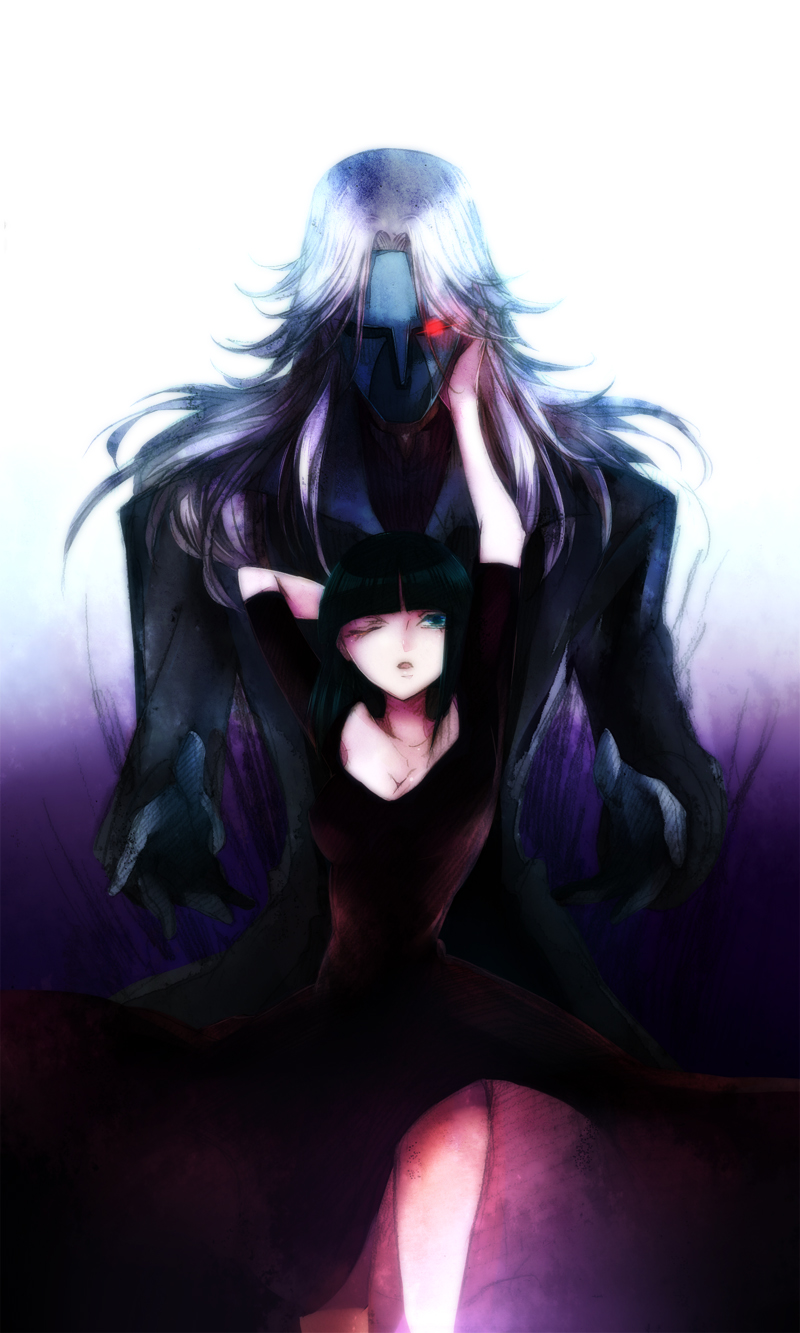 1girl, black_hair, blue_eyes, chiyo_(rotsurechiriha), dark_precure, dress, glowing, glowing_eye