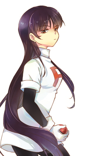 bad_id, brown_eyes, clothes_writing, cosplay, cowboy_shot, dress, gloves, gym_leader, holding, holding_poke_ball, long_hair, natsume_(pokemon), pantyhose, poke_ball, pokemon, pokemon_red_and_green, pokemon_rgby, pokemon_special, purple_hair, simple_background, solo, tachiuo_(arines), team_rocket, very_long_hair, white_dress, white_gloves