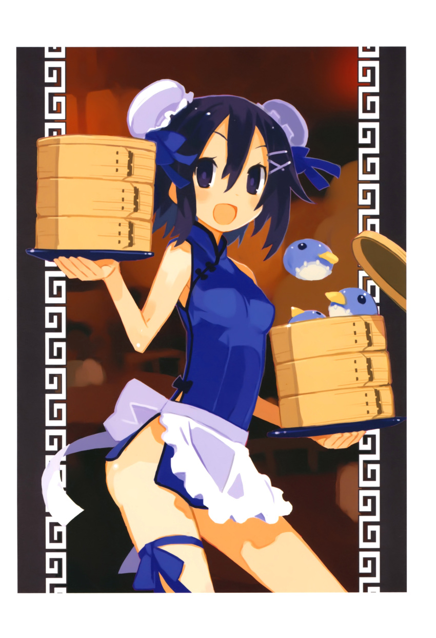 :d, absurdres, apron, asagiri_asagi, bare_shoulders, black_eyes, black_hair, bun_cover