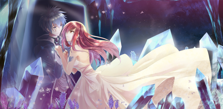 blue_eyes, blue_hair, couple, crystal, dress, earrings, erza_scarlet, fairy_tail