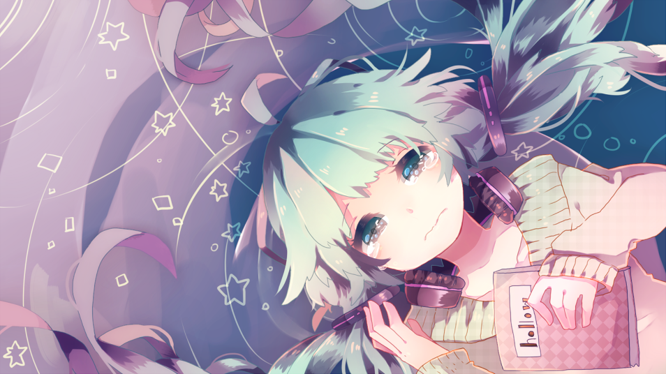 aqua_eyes, aqua_hair, bad_id, book, hatsune_miku, headphones, headphones_around_neck, itamidome