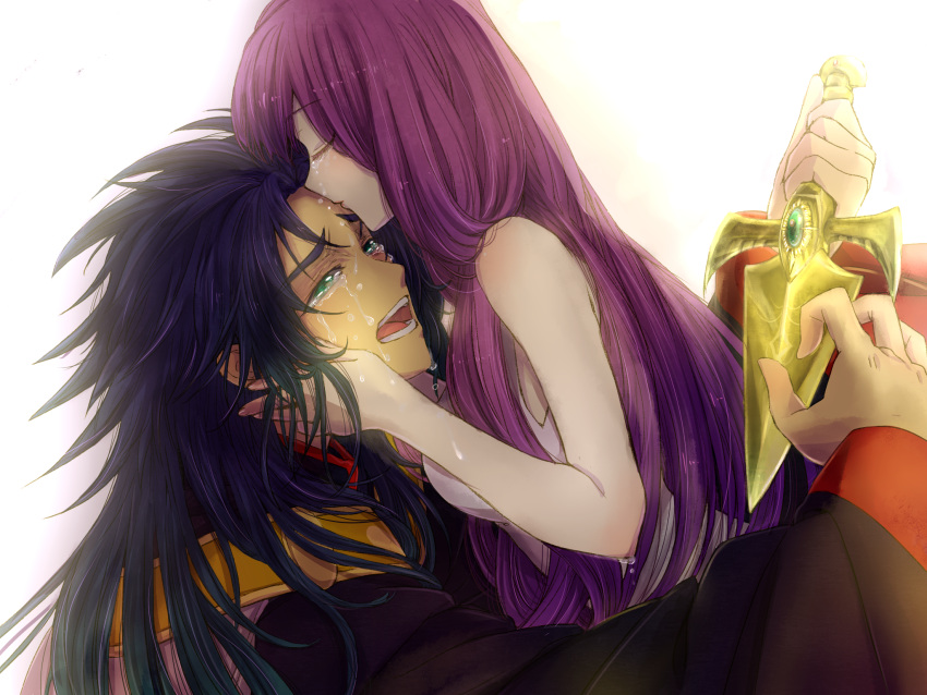1girl, blue_hair, closed_eyes, eyes_closed, gemini_saga, green_eyes, highres, kido_saori, knife, long_hair, nam_(hinsyo), open_mouth, purple_hair, saint_seiya, tears