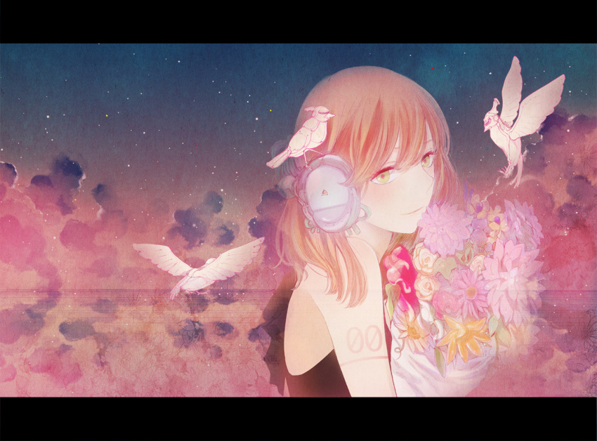 animal, bare_shoulders, bird, bouquet, brown_hair, flower, green_eyes, headphones