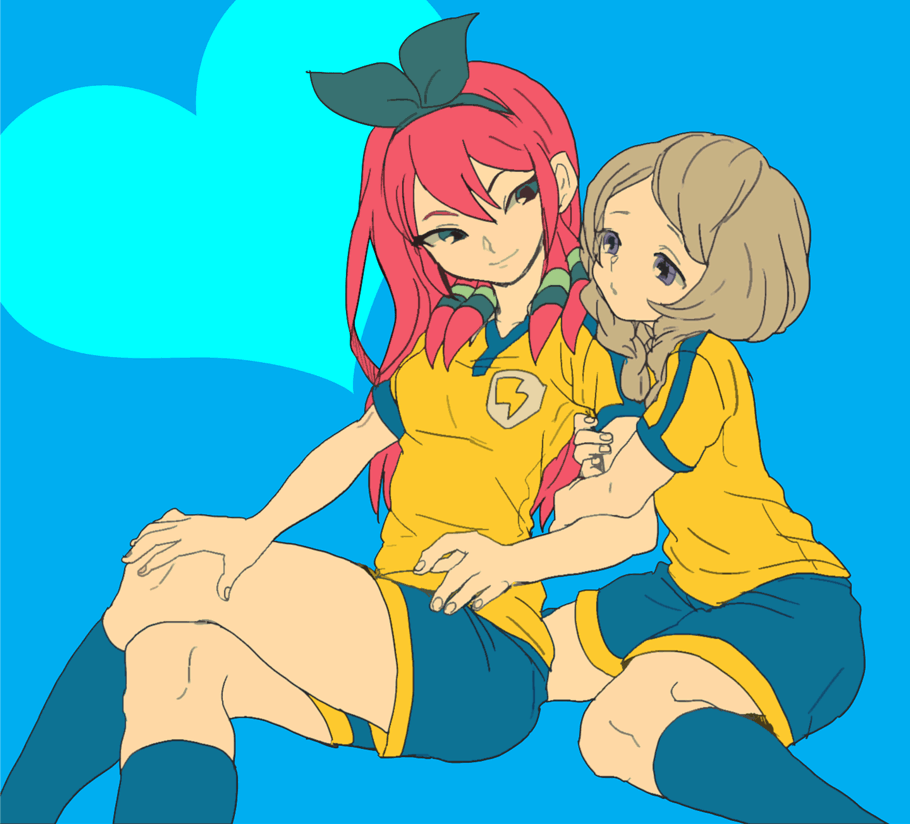 braid, brown_hair, crossed_legs, green_eyes, hair_ribbon, hair_tubes, inazuma_eleven, inazuma_eleven_(series), inazuma_eleven_go, kneehighs, legs_crossed, long_hair, multiple_girls, purple_eyes, red_hair, redhead, ribbon, seto_midori, sitting, smile, soccer_uniform, ten_(ch), twin_braids, violet_eyes, yamana_akane, yuri