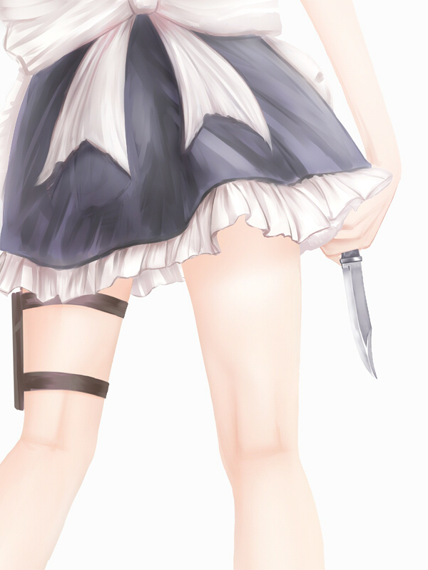 bad_id, bow, close-up, from_behind, holster, izayoi_sakuya, kneepits, knife, nishi_masakazu, nishimasa_hito, skirt, solo, thigh_holster, thighband, thighs, touhou