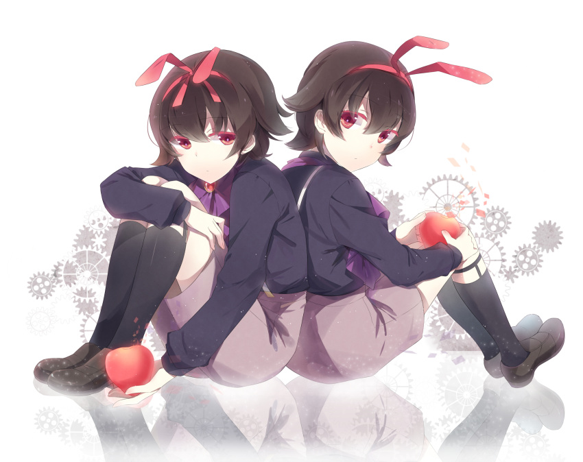 back-to-back, black_hair, black_legwear, food, fruit, highres, mawaru_penguindrum, p0ckylo