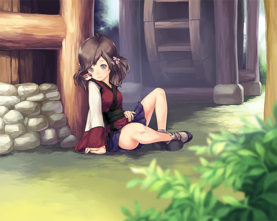 blurry, brown_eyes, brown_hair, comet_(artist), comet_(teamon), depth_of_field, flower, korean_clothes