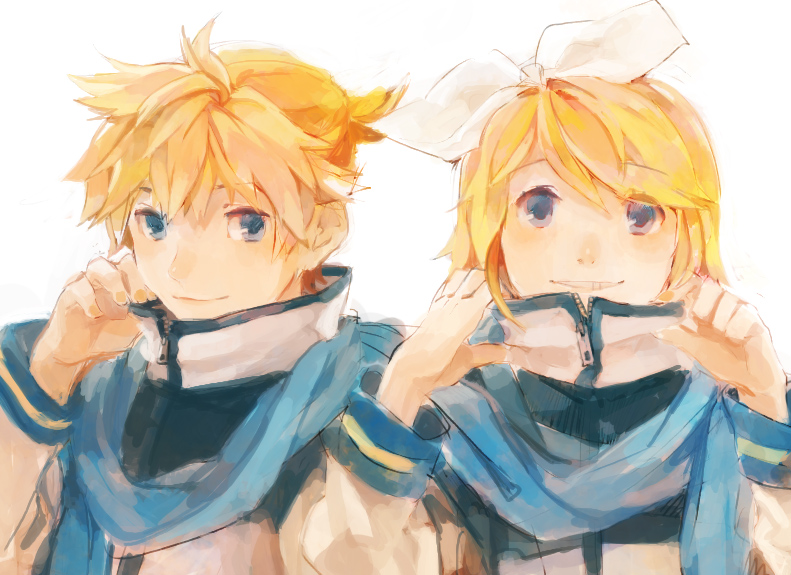 1girl, 8'108, 8'108, blonde_hair, blue_eyes, brother_and_sister, cosplay, hair_ribbon