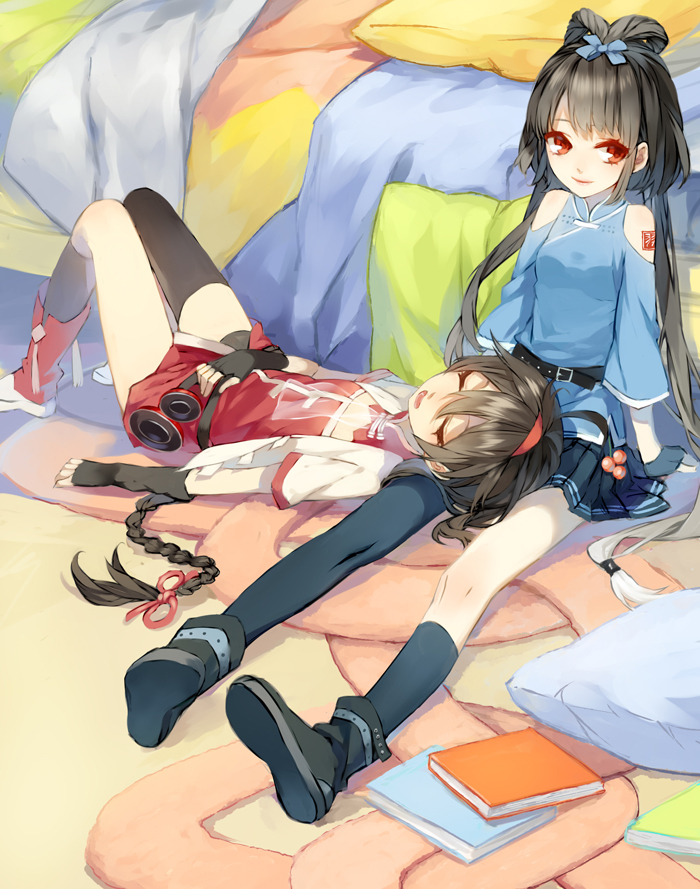 bad_id, bare_shoulders, belt, black_hair, bow, braid, closed_eyes, eyes_closed, fingerless_gloves, gloves, grey_hair, hair_bow, lap_pillow, ling_caiyin, long_hair, luo_tianyi, lying, mismatched_legwear, multiple_girls, on_back, pantyhose, psd, red_eyes, single_thighhigh, sitting, skirt, sleeping, smile, thigh-highs, thighhighs, twintails, vocaloid, yayin_gongyu, yuezheng_ling