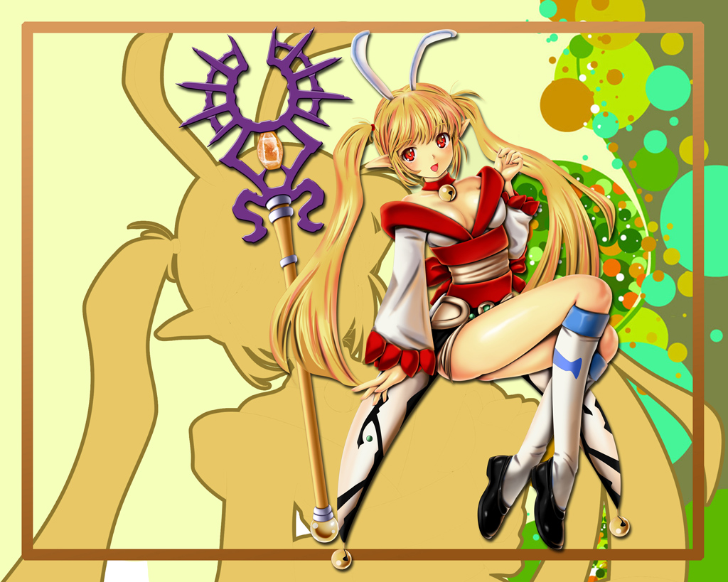 animal_ears, blonde_hair, japanese_clothes, only_haruka, red_eyes, staff, twintails