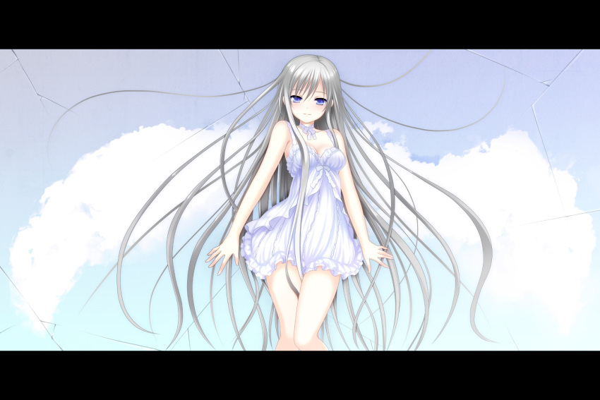 against_wall, bare_shoulders, blue_eyes, breasts, choker, crack, cracks, dress
