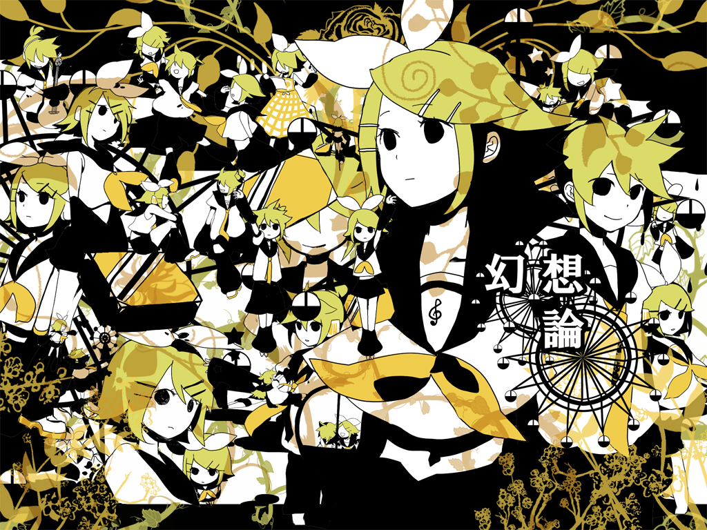 bow, chiho_(buchiko), kagamine_len, kagamine_rin, monochrome, necktie, tie, vocaloid