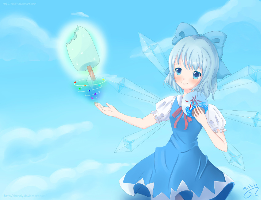 blue_eyes, blue_hair, cirno, clouds, dress, food, haneiy, sky, touhou