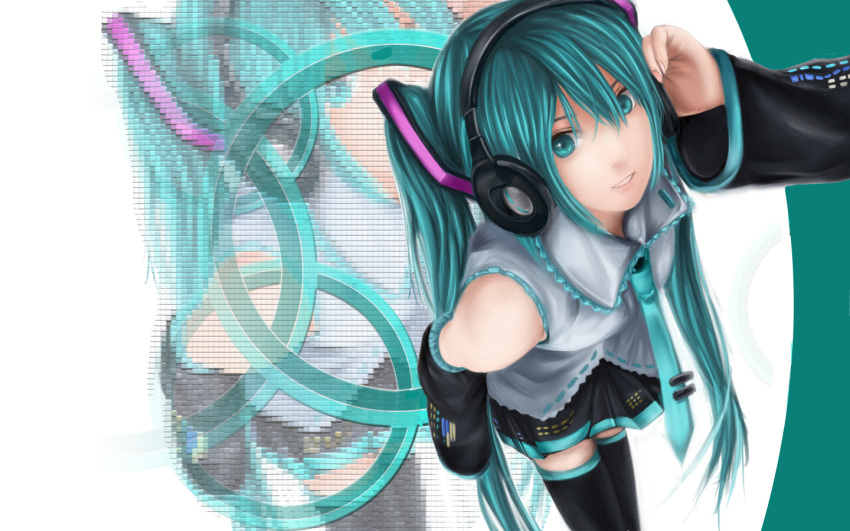aqua_eyes, aqua_hair, cj_man, hand_on_headphones, hatsune_miku, headphones, long_hair, necktie