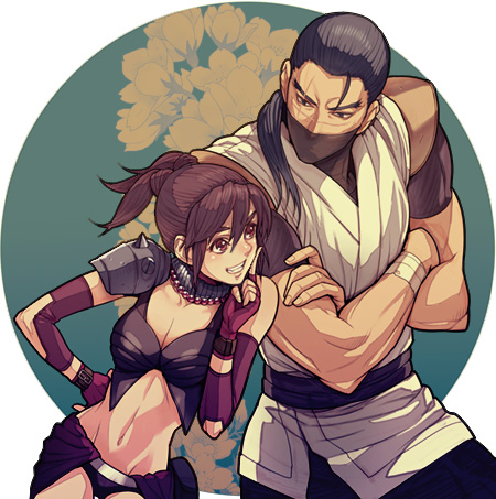 alternate_costume, black_hair, brown_eyes, brown_hair, couple, crossed_arms, female, fingerless_gloves