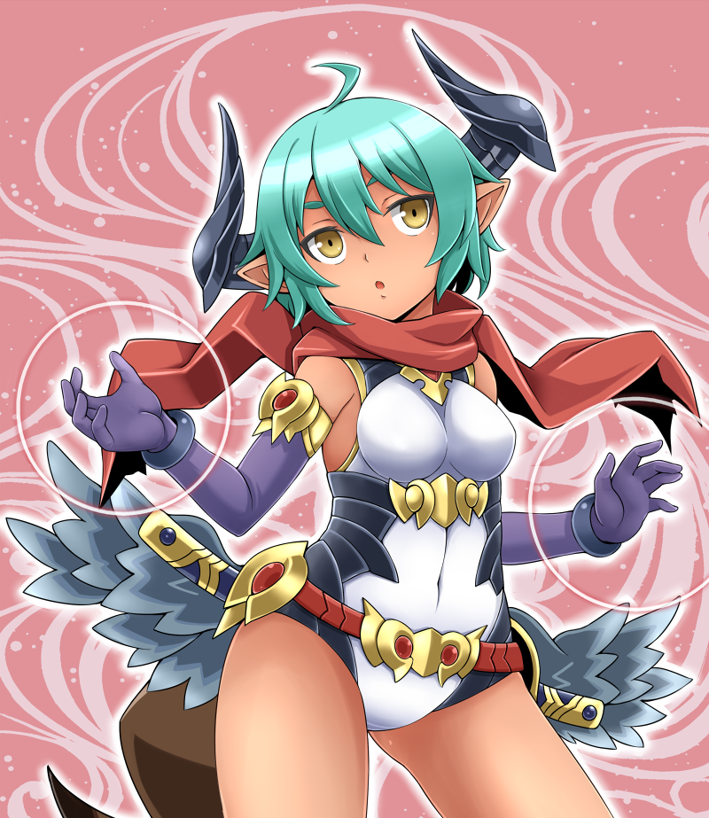 ahoge, bracelet, elbow_gloves, gloves, green_hair, horns, jewelry, leopard_print