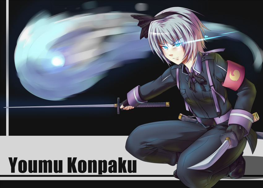 armband, blue_eyes, character_name, dual_persona, dual_wielding, glowing, glowing_eye, hair_ribbon