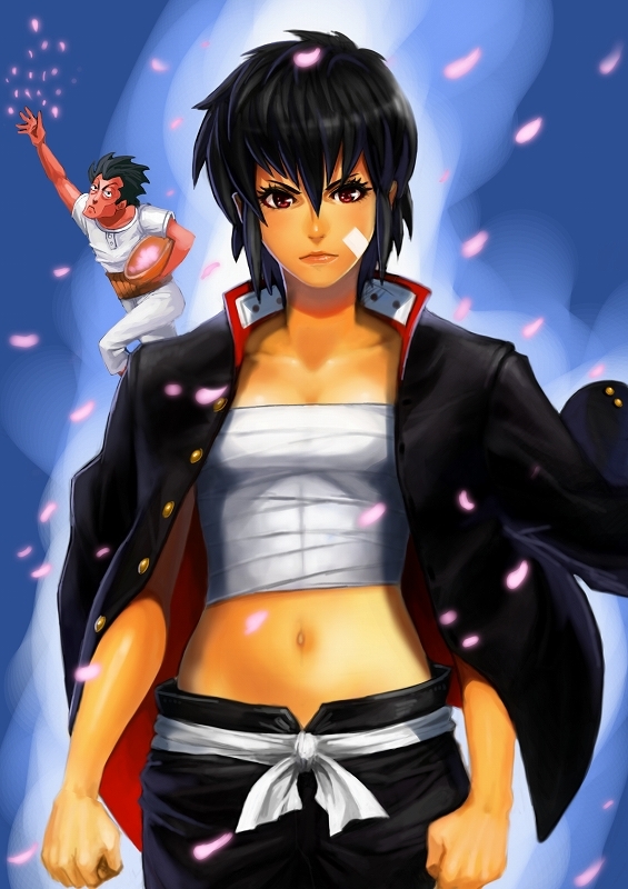 1girl, bandages, belt, black_hair, breasts, clenched_hands, coat, dark_skin, fist, flower, fujinami_ryuunosuke, jacket_on_shoulders, midriff, navel, red_eyes, reverse_trap, running, ryuunosuke's_father, ryuunosuke's_father, sarashi, serious, standing, urusei_yatsura, yoichi_soh, youichi