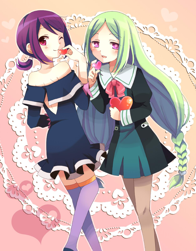 bare_shoulders, battle_spirits, battle_spirits:_shounen_gekiha_dan, blush, green_hair, heart, long_hair, looking_back