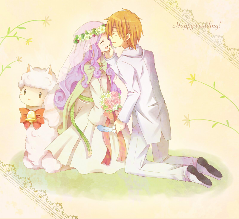 1girl, brown_hair, character_request, closed_eyes, eyes_closed, feathers, flower, hand_on_another's_face