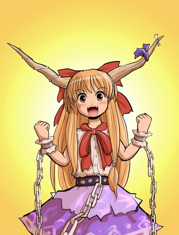 arms_up, belt, bow, brown_eyes, chain, chains, clenched_hands, cuffs
