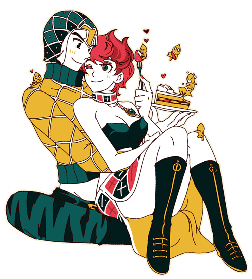 1boy, 1girl, boots, breasts, cake, cleavage, convenient_leg, couple