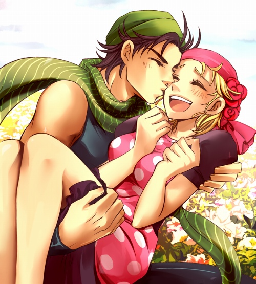 1girl, bandana, bandanna, blonde_hair, carrying, closed_eyes, couple, eyes_closed, flower_field, happy, jojo_no_kimyou_na_bouken, joseph_joestar, joseph_joestar_(young), kiss, polka_dot, princess_carry, scarf, sleeveless, suzi_quatro, sweetblossom, wristband