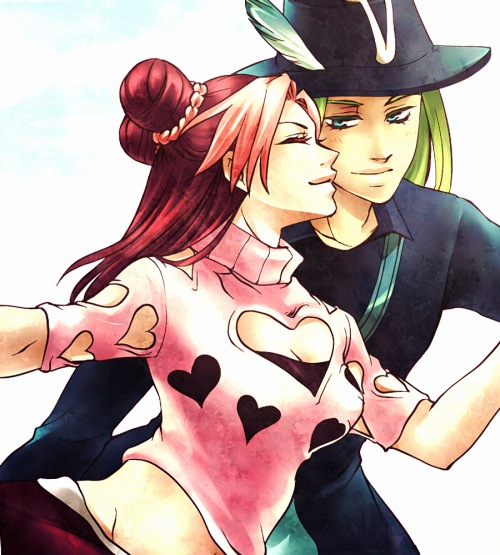 alternate_hairstyle, anakiss, blue_eyes, breasts, cleavage, cleavage_cutout, closed_eyes, couple, double_bun, eyes_closed, green_hair, hat, hat_feather, heart, heart_cleavage_cutout, heart_cutout, irene_(jojo), jojo_no_kimyou_na_bouken, kuujou_jolyne, long_hair, midriff, multicolored_hair, narciso_anasui, pink_hair, red_hair, redhead, short_sleeves, sweater, sweetblossom, two-tone_hair