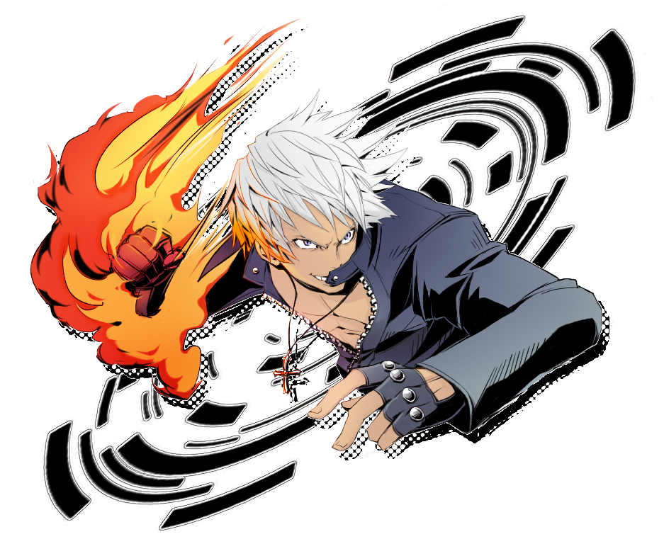 choker_(pixiv), clenched_hand, cross, fingerless_gloves, fire, fist, gloves, grey_eyes