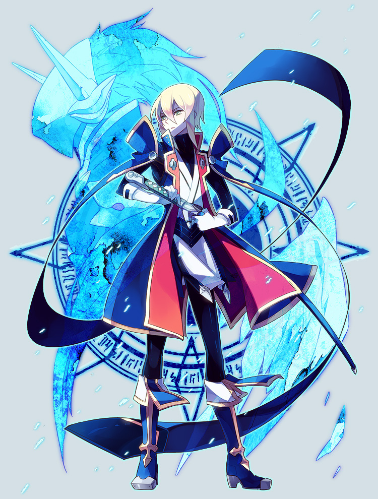 blonde_hair, boots, elbow_gloves, gloves, green_eyes, hakumen, high_heels, jin_kisaragi