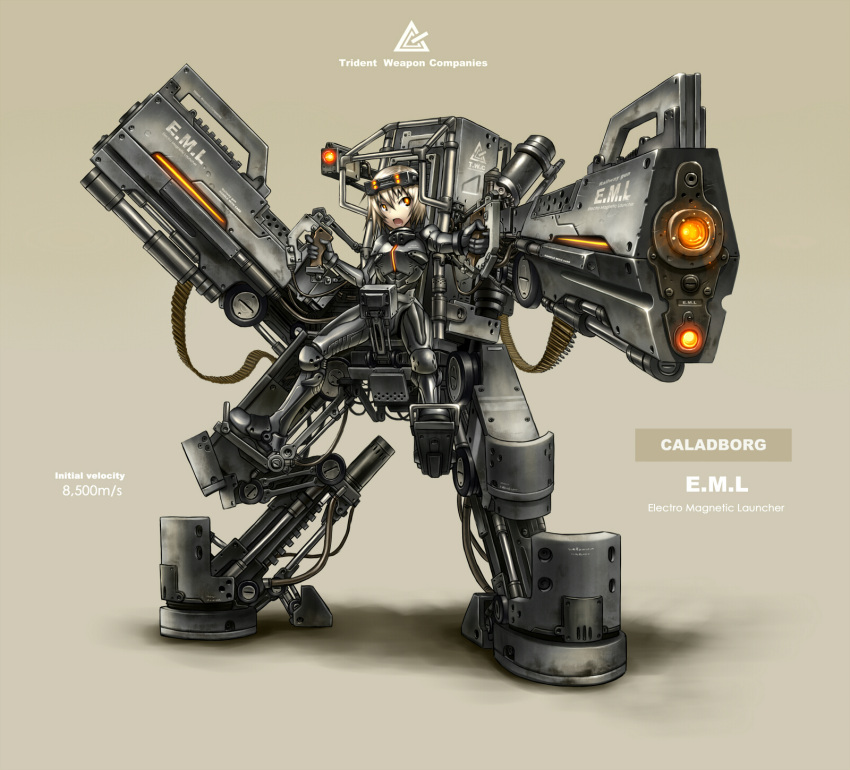exoskeleton, gia, glowing, gun, highres, mecha_musume, orange_eyes, original