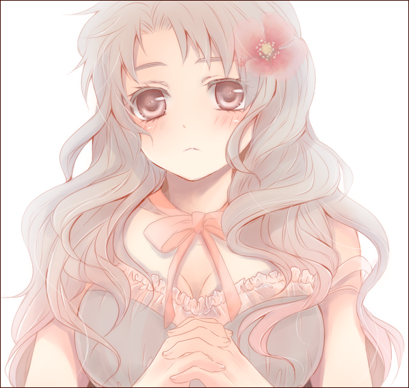 blush, flower, genderswap, grey_hair, hair_flower, hair_ornament, hands_clasped, long_hair