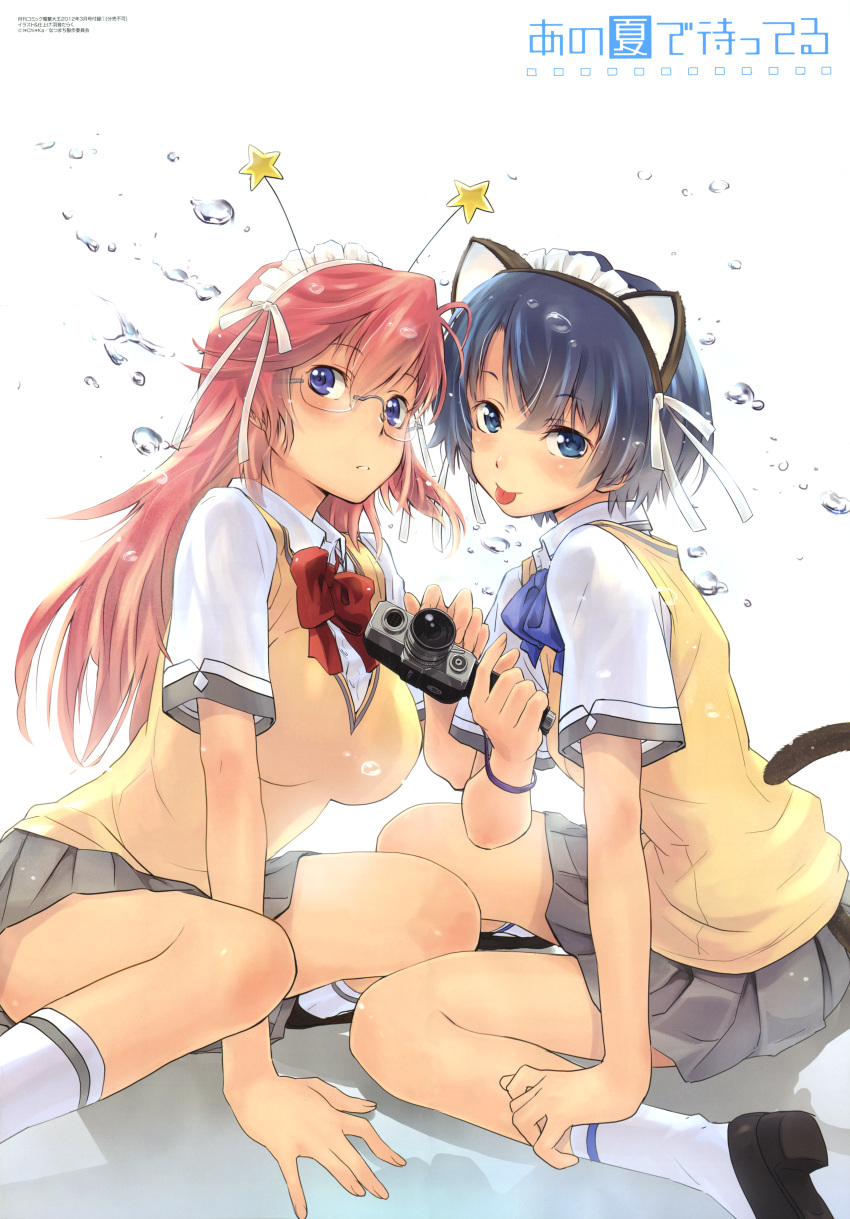 :p, absurdres, animal_ears, ano_natsu_de_matteru, between_legs, between_thighs, blue_hair, bow