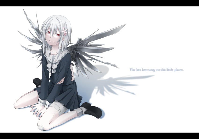 bandage, bandages, chise, chise_(saishuu_heiki_kanojo), crossover, cuts, dirty, english, flower, footwear, genderswap, hair_flower, hair_ornament, idora, idora_(idola), injury, letterboxed, light_smile, parody, red_eyes, saikano, saishuu_heiki_kanojo, school_uniform, serafuku, shoes, sitting, skirt, socks, solo, suzushina_yuriko, to_aru_majutsu_no_index, wariza, white_hair, wings