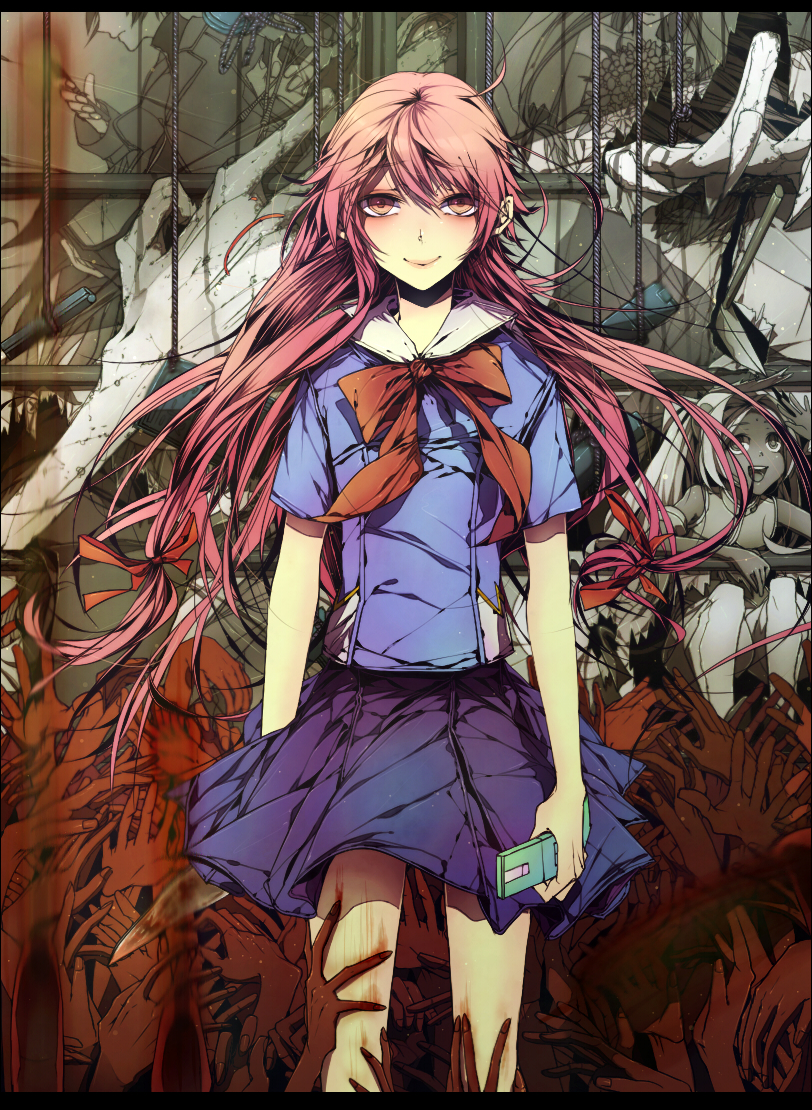 blood, cellphone, deus_ex_machina_(mirai_nikki), gasai_yuno, hands, hiyama_takao, knife, long_hair, mirai_nikki, murmur_(mirai_nikki), nai_kitsu, phone, pink_eyes, pink_hair, school_uniform, serafuku, smile