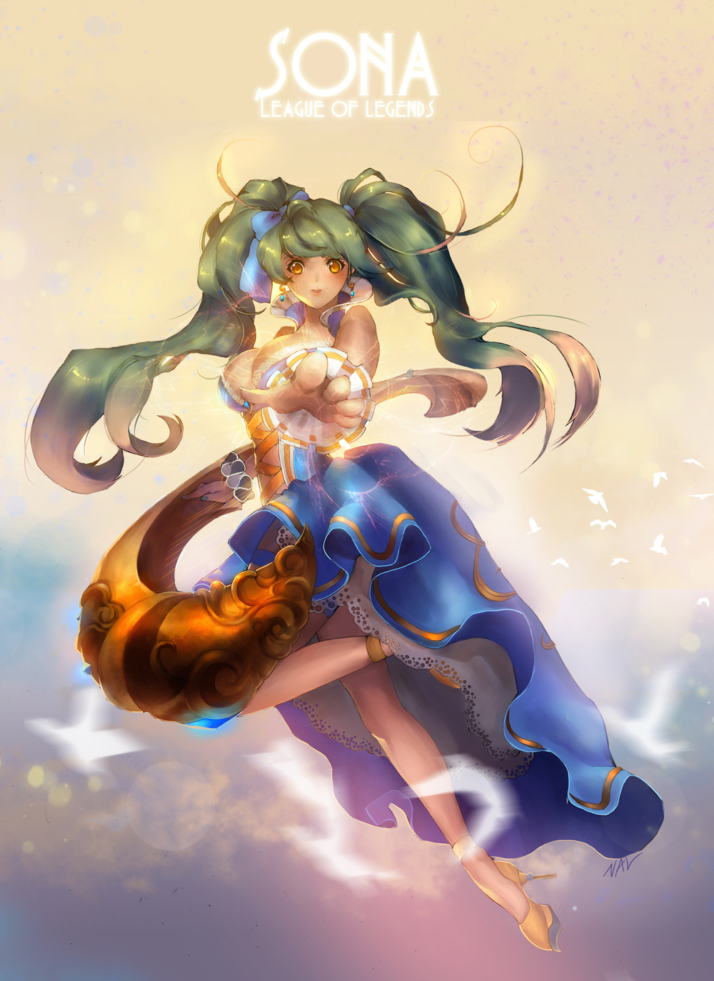 bare_shoulders, breasts, brown_eyes, cleavage, dress, high_heels, highres, huge_breasts, large_breasts, league_of_legends, legs, long_hair, looking_at_viewer, nal_(nal's_pudding), nal_(nal's_pudding), orange_eyes, outstretched_arm, shoes, solo, sona_buvelle, twintails, very_long_hair