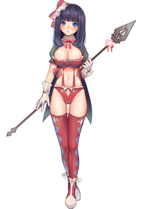 black_hair, blue_eyes, bow, breasts, cleavage, gloves, hair_bow, navel