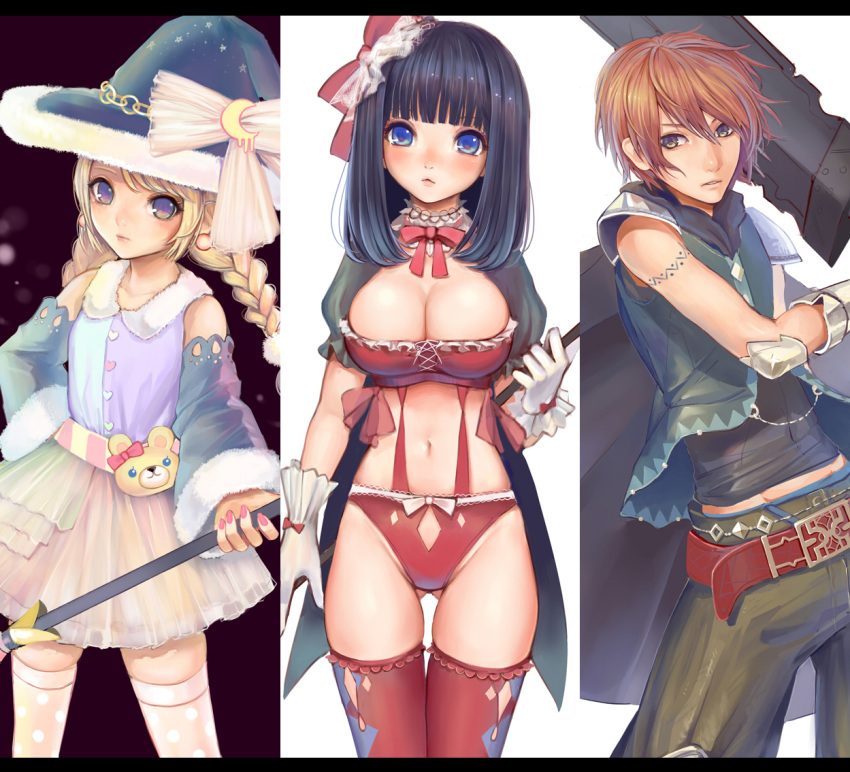 blue_eyes, bow, braid, breasts, brown_hair, cleavage, detached_sleeves, hair_bow