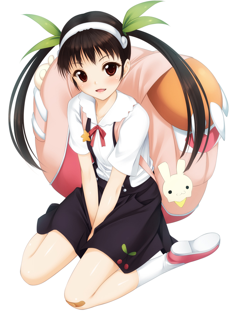 backpack, bag, bakemonogatari, bandaid, between_legs, black_hair, blush, brown_eyes