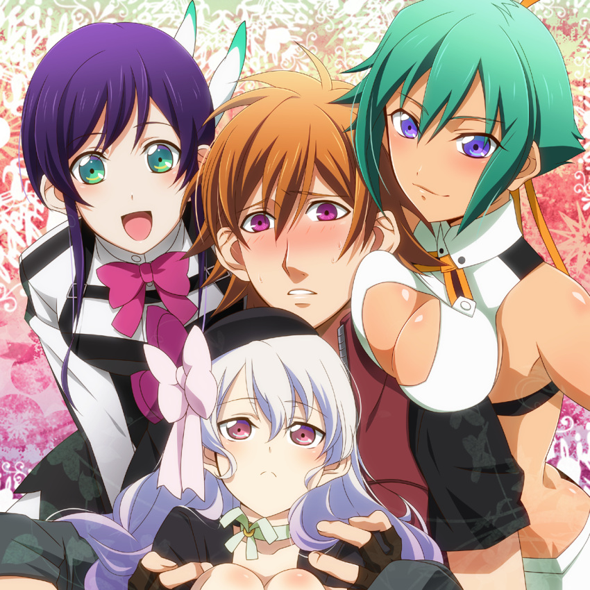 3girls, :d, amata_sora, aquarion_(series), aquarion_evol, blue_eyes, blush, bow