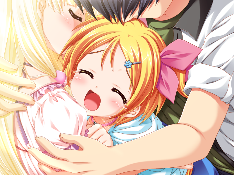 :d, and, black_hair, blonde_hair, blush, closed_eyes, game_cg, hair_ornament, hairclip, hibiki_ruru, hug, long_hair, love, novel, open_mouth, short_hair, smile, tears, visual, yuyi