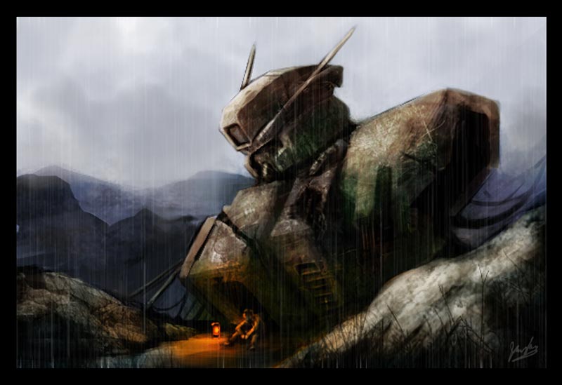 gundam, mecha, nightmarejan, rain, realistic, science_fiction