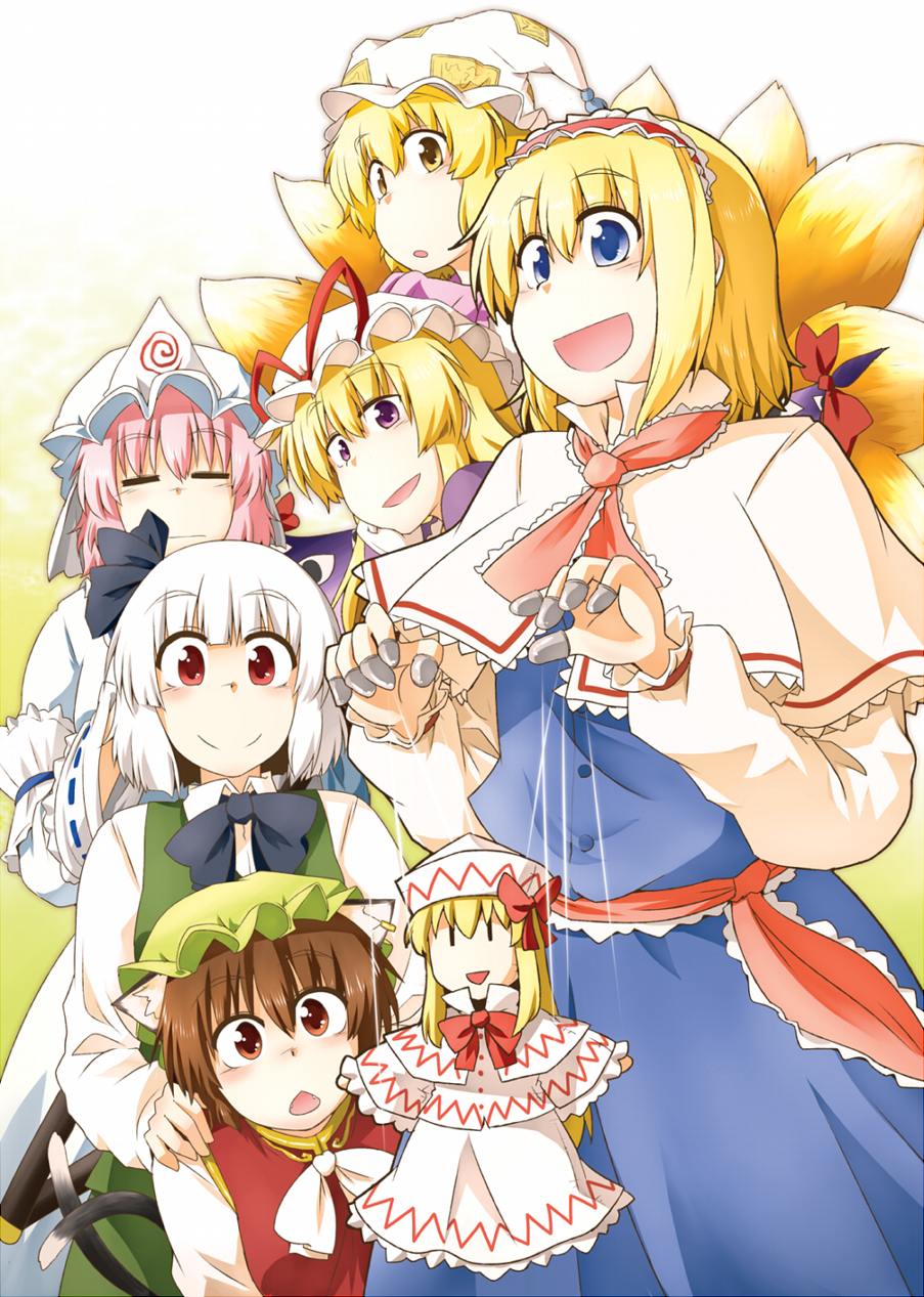 =_=, alice_margatroid, animal_ears, blonde_hair, blue_eyes, bow, brown_eyes, brown_hair