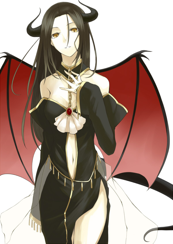 1girl, black_hair, chain, chains, copyright_request, demon_girl, demon_wings, dress, female, horns, kauto, long_hair, navel, pale_skin, side_slit, slit_pupil, slit_pupils, solo, succubus, tail, wings, yellow_eyes