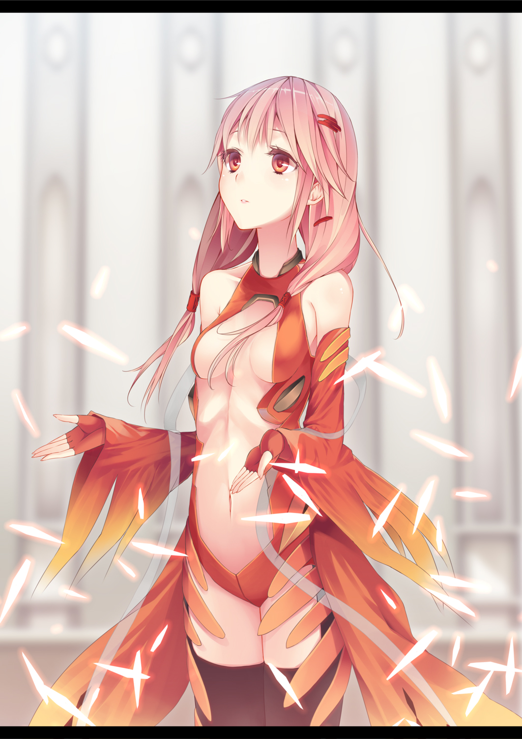 bare_shoulders, black_legwear, breasts, center_opening, cleavage, detached_sleeves, feathers, fingerless_gloves