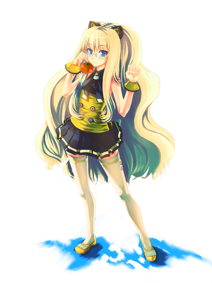 animal_ears, ascot, bare_shoulders, bespectacled, blonde_hair, blue_eyes, cat_ears, fake_animal_ears