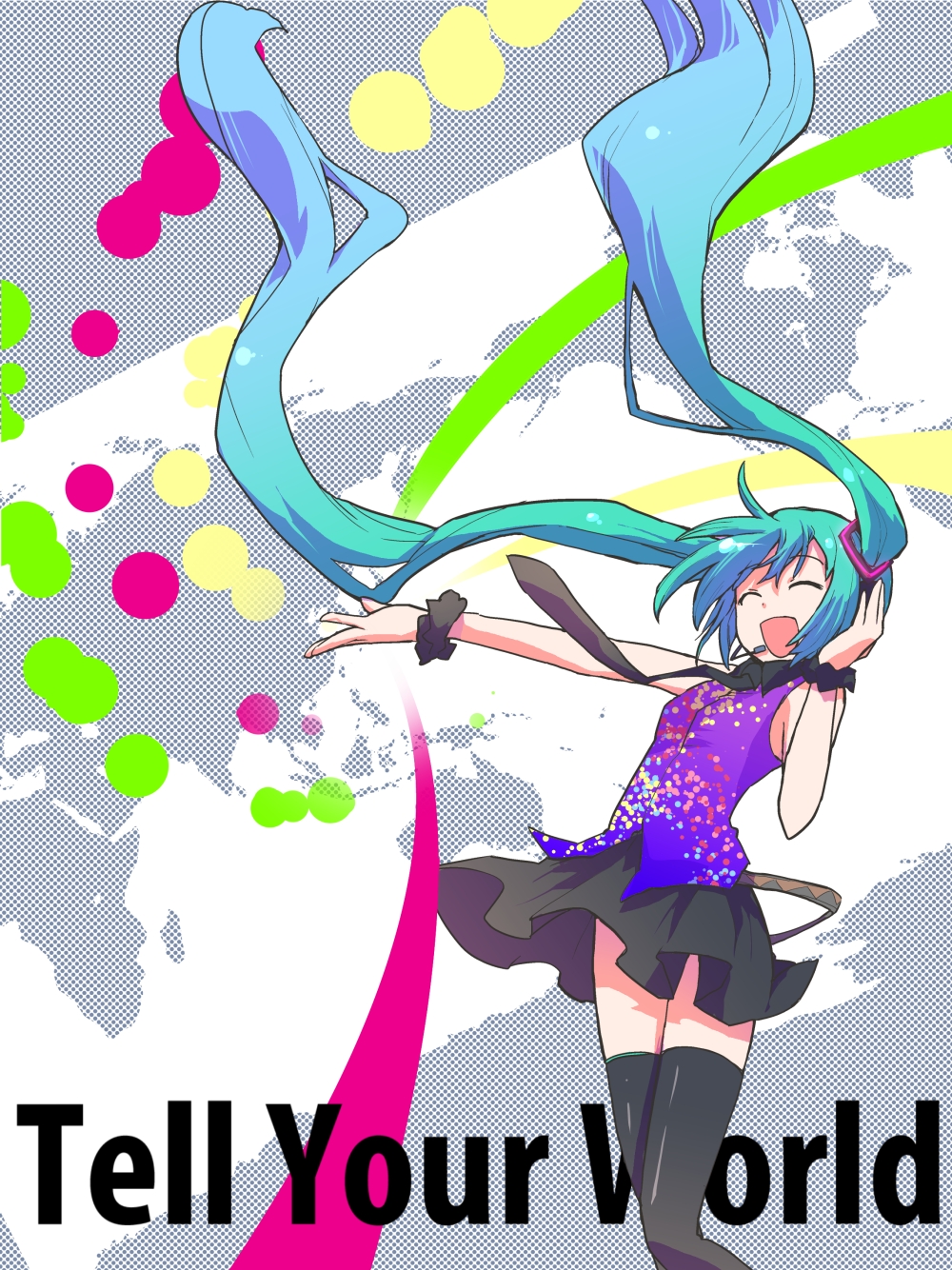 :d, aqua_hair, closed_eyes, dots, eyes_closed, hatsune_miku, headset, highres, long_hair, map, necktie, open_mouth, outstretched_arm, smile, solo, tell_your_world_(vocaloid), thigh-highs, thighhighs, twintails, udeita, very_long_hair, vocaloid