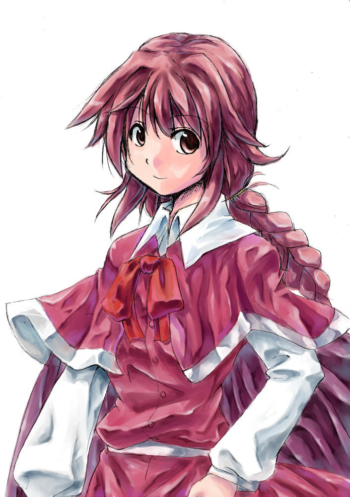 braid, cape, capelet, okazaki_yumemi, pink_eyes, pink_hair, rebanira, shirt