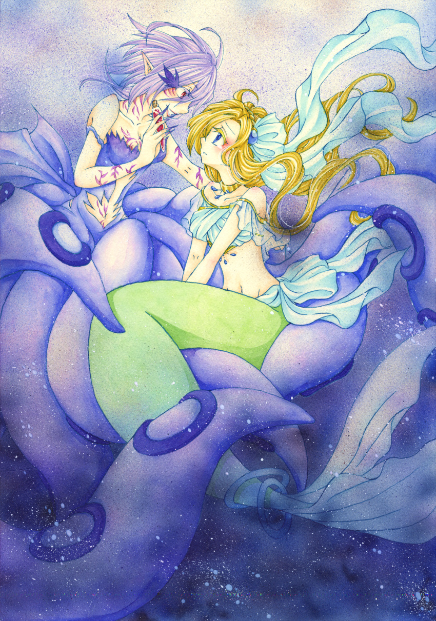blonde_hair, blue_eyes, copyright_request, highres, hisui_suzuhana, long_hair, mermaid, monster_girl
