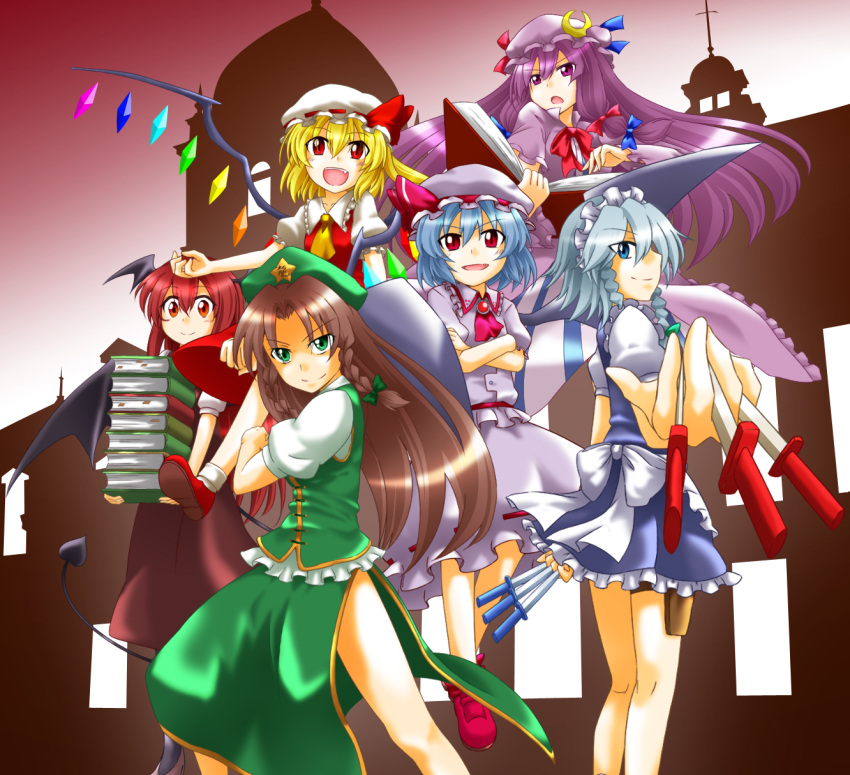 >:), >:d, >:o, :d, alternate_hair_color, apron, aqua_eyes, ascot, bat_wings, beret, between_fingers, blonde_hair, blue_eyes, blue_hair, blush, book, book_stack, bookmark, bow, braid, brooch, brown_hair, carrying, character_name, checkered, checkered_background, china_dress, chinese_clothes, clenched_hands, collaboration, colored, crescent, crossed_arms, demon_tail, dress, dress_shirt, dual_wielding, english, fang, fighting_stance, fist, flandre_scarlet, foreshortening, fragment04, frills, green_eyes, hair_bow, hair_ribbon, hat, head_wings, high_heels, highres, hong_meiling, izayoi_sakuya, jewelry, knife, koakuma, long_hair, maid, maid_headdress, mary_janes, multiple_girls, open_book, open_mouth, pantyhose, patchouli_knowledge, payot, purple_dress, purple_eyes, purple_hair, red_eyes, red_hair, redhead, remilia_scarlet, ribbon, scarlet_devil_mansion, shirt, shoes, short_hair, short_sleeves, side_braid, side_ponytail, side_slit, silver_hair, skirt, skirt_set, smile, smirk, solo, star, striped, striped_dress, tail, tasoku_hokou_heiki, the_embodiment_of_scarlet_devil, touhou, twin_braids, vertical_stripes, very_long_hair, vest, violet_eyes, waist_apron, wings, yutamaro
